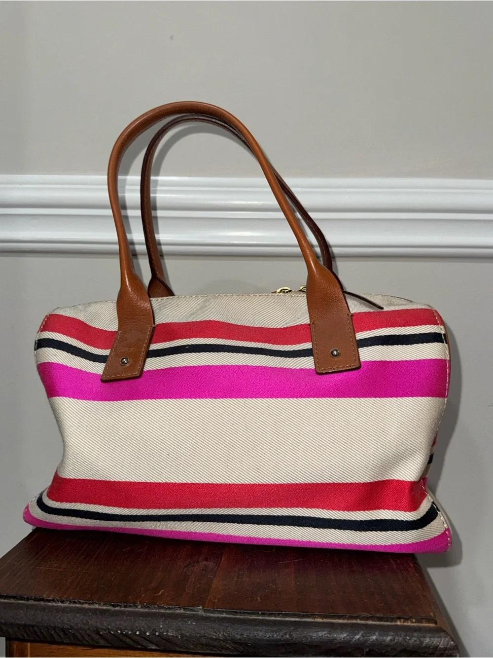 kate spade Pink, Red and Tan Striped Canvas Tote